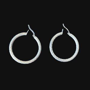 Sterling Silver 925 Diamond-Cut Textured Hoop Earrings — ~1"